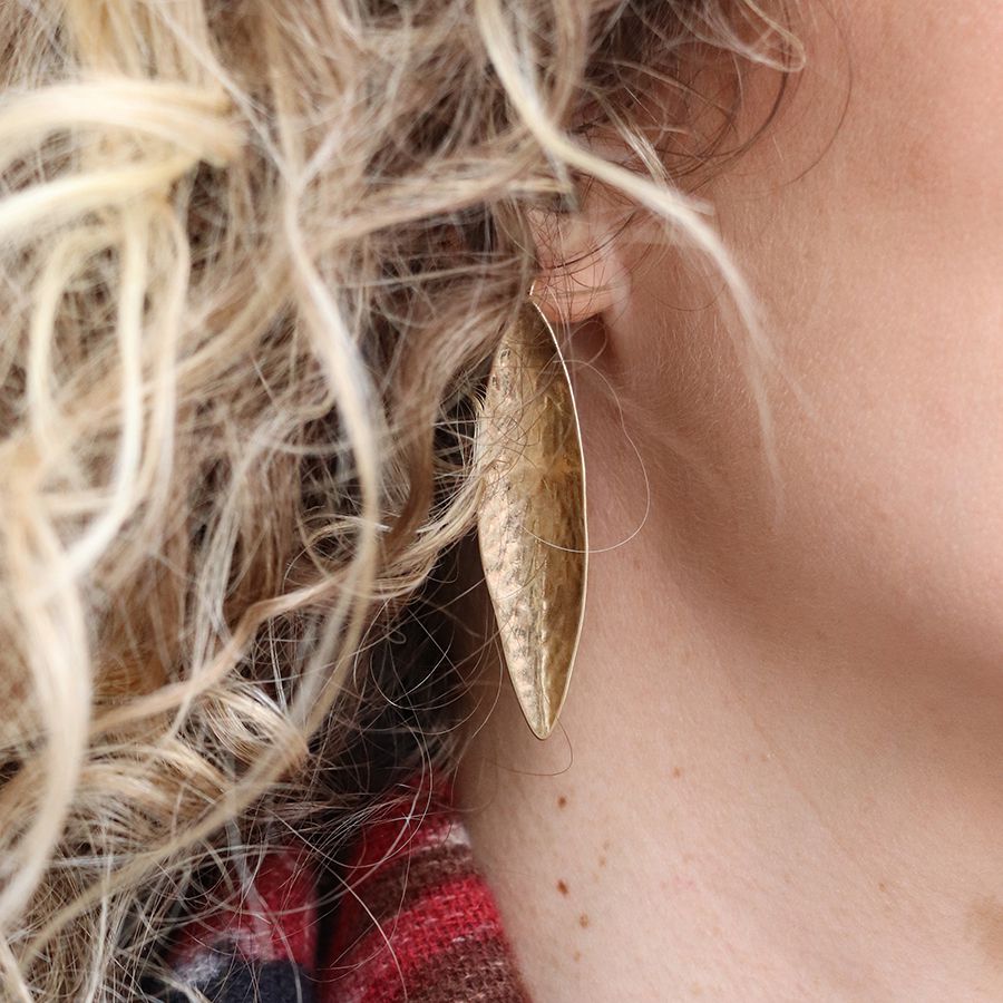 Golden long leaf earrings