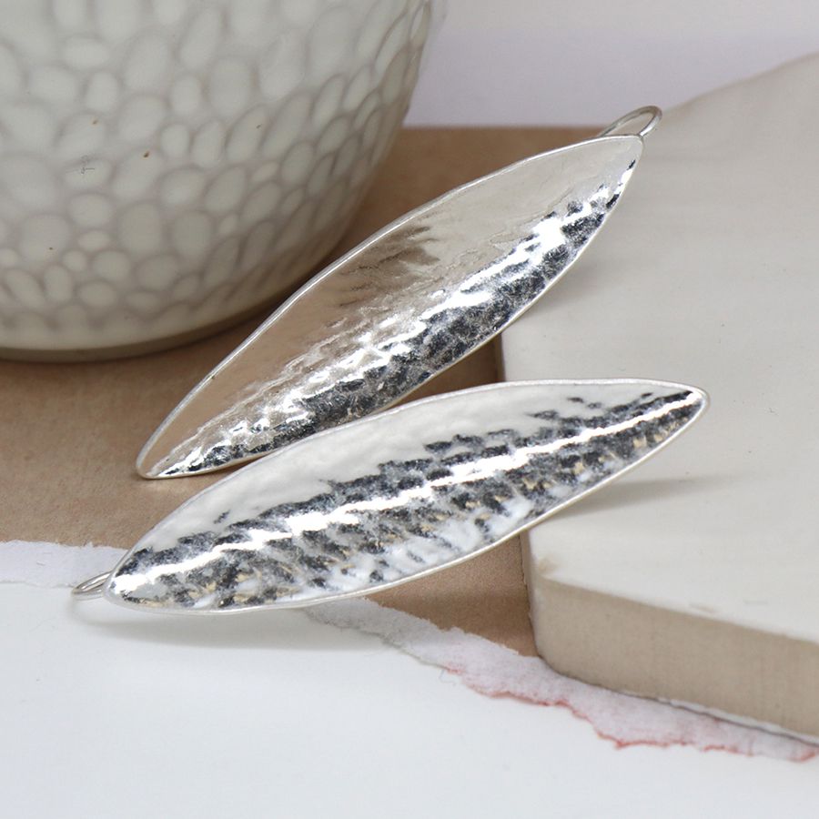 Silver long leaf earrings