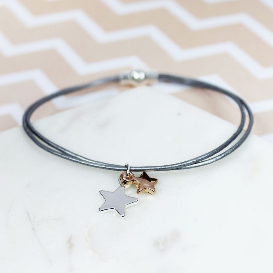 Grey leather rose gold star bracelet