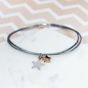Grey leather rose gold star bracelet