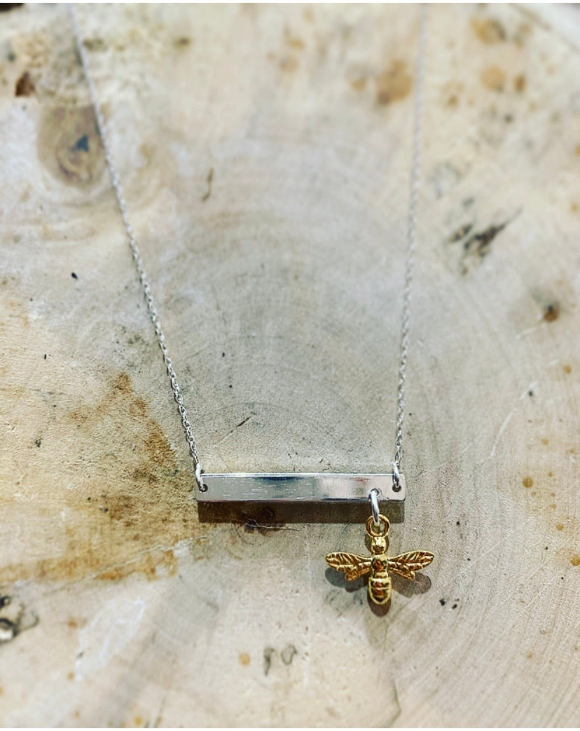 Just bee silver bar necklace with gold bee